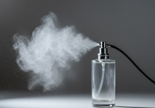 A luxurious glass fragrance bottle with a metallic sprayer head casting a fine mist cloud against a clean, bright background ,sophisticated ,glass ,bottle
