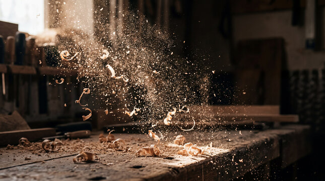 Wood shavings flying in a workshop with sunlight creating a dusty atmosphere