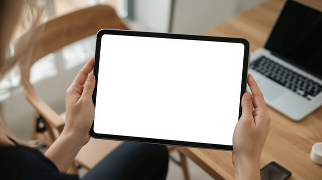 Person holding a modern tablet device displaying a blank white screen in a bright, contemporary cafe setting, perfect for digital content mockups.