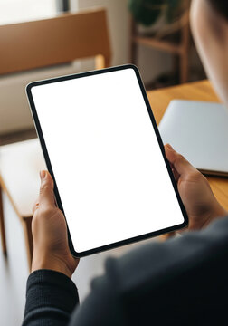 Person holding a modern tablet device displaying a blank white screen in a bright, contemporary cafe setting, perfect for digital content mockups.