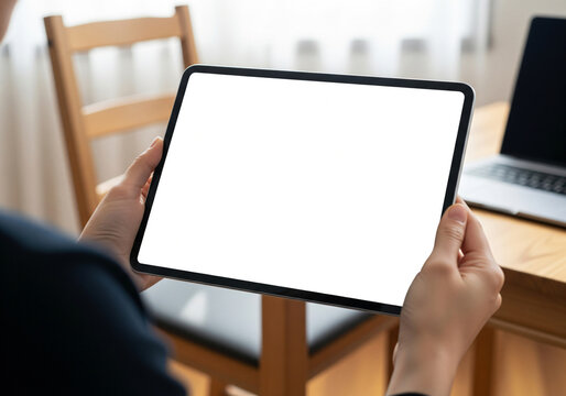 Person holding a modern tablet device displaying a blank white screen in a bright, contemporary cafe setting, perfect for digital content mockups.