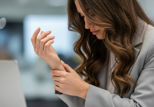 Closeup business woman holding her wrist pain from using computer. Office syndrome hand pain by occupational disease.