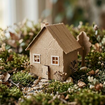 Miniature cardboard house nestled in mossy garden setting.