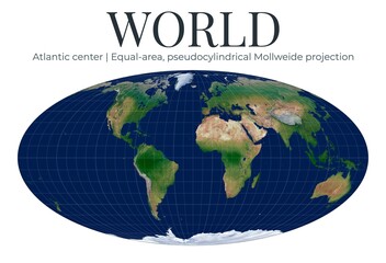 World Map. Mollweide projection. Equal-area, pseudocylindrical view centered on the Atlantic. High detail physical map of the Earth. © Eugene Ga