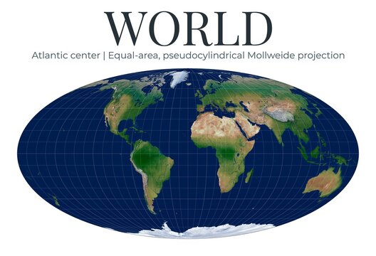 World Map. Mollweide projection. Equal-area, pseudocylindrical view centered on the Atlantic. High detail physical map of the Earth.