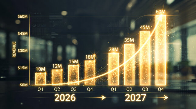 Glowing golden bar chart showing quarterly revenue growth from 2026 to 2027 with an upward arrow representing financial success, business expansion, and corporate profit increase.