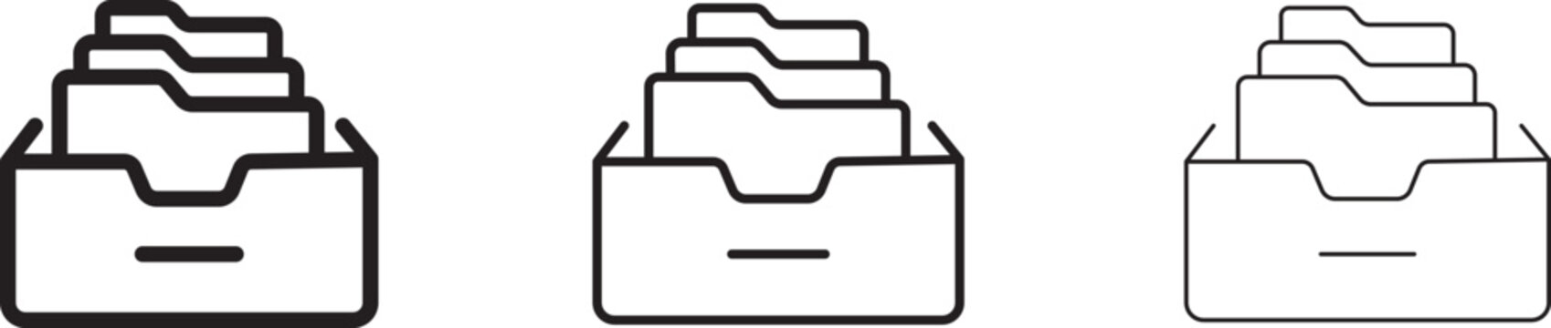 File Folder Organizer Box Line Icon Set. Open File Storage Box with Folder Tabs Minimalist Icon Collection .Office Document Archival Box and Folders Outline Vector Icon Pack