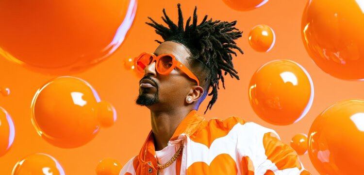 Stylish black man with dreadlocks. Trendy male model posing with orange bubbles background.