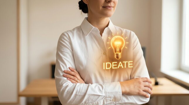 Businesswoman with folded arms and glowing lightbulb ideate hologram concept in office