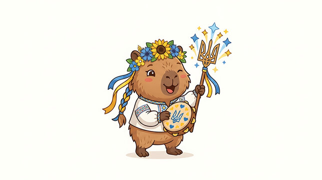 Tryzub Adorable Capybara Mascot Wearing a Traditional Ukrainian Vyshyvanka and Holding a Trident Symbol for Independence Day Celebration