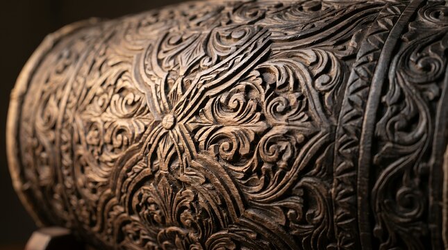 Ornate floral pattern carved into dark wood surface with soft lighting