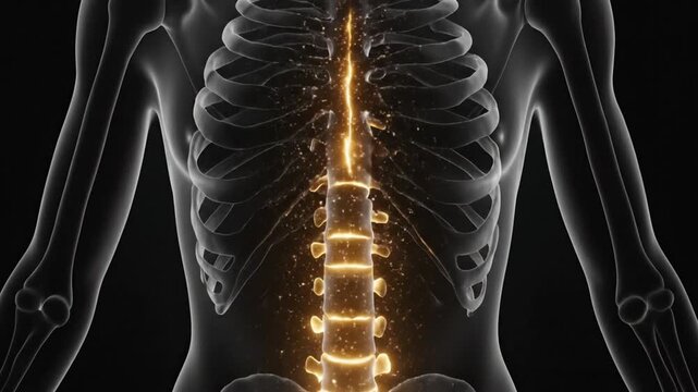 Spinal column anatomy is depicted in this detailed medical illustration highlighting the glowing nerve pathways within the human body to demonstrate advanced neurological health and pain management.