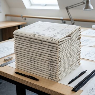 Stack of blueprints on a drafting table with pens and ruler.