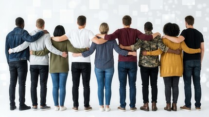 Obraz premium Rearview of diverse people hugging each other in unity