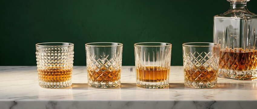 Luxury Crystal Whiskey Glasses and Decanter on Dark Green Background with Copy Space