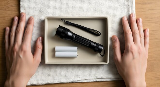 Overhead top view of person unpacking a black tactical flashlight and batteries