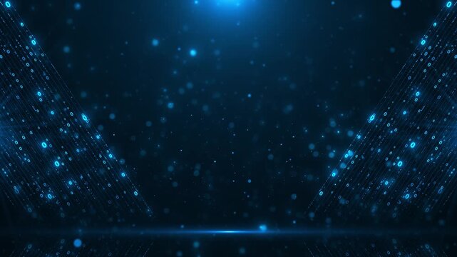 Blue binary digits stream along angled lines that frame a dark center, creating a futuristic data background for cybersecurity, coding, software, networks, computing, analytics, and 19 titles.