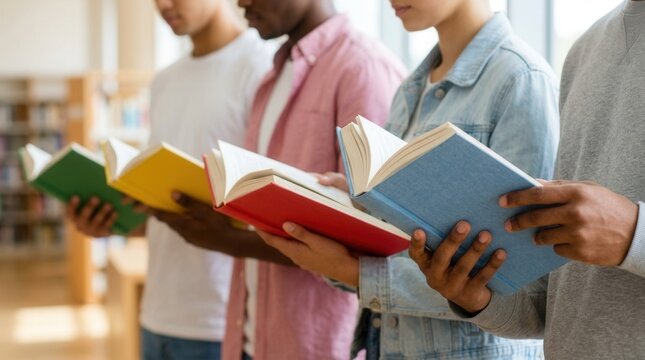 Diverse group of young people reading books together in a row.