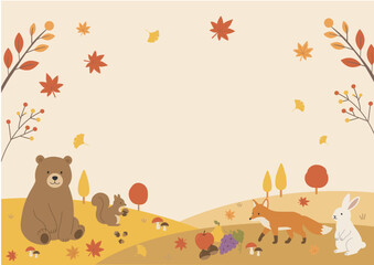 Fototapeta premium 秋素材 秋のバナー イラスト シンプル フラットデザイン 森の動物と秋の風景と秋の果物 