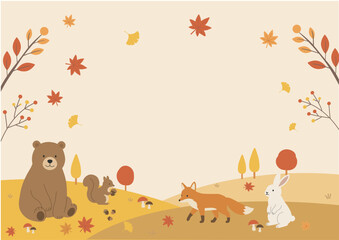 Fototapeta premium 秋素材 秋のバナー イラスト シンプル フラットデザイン 森の動物と秋の風景と秋の果物 