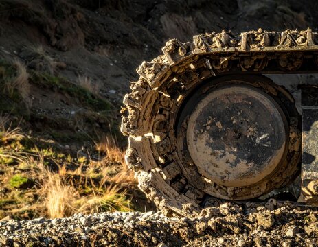 Close-up of dirty heavy machinery track on terrain.