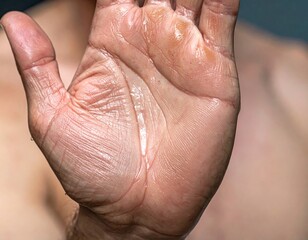 Fototapeta premium Close up of sweaty human palm with visible moisture.