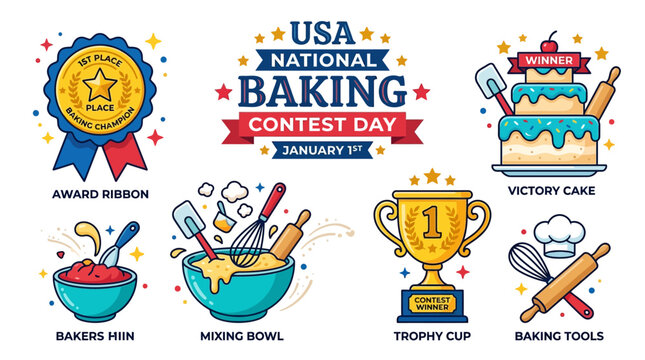 Set of Decorative Elements and Icons for USA National Baking Contest Day Celebration Featuring Culinary Awards and Tools