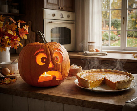 Jack-o lantern is in the kitchen, gazing in amazement at a pumpkin pie