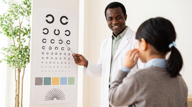 Optometry: Black eye doctor guides patient through visual acuity chart test
