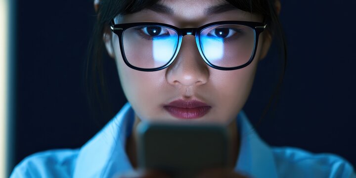 Young Asian woman using smartphone at night. Female professional browsing mobile phone with blue light glasses in dark setting.
