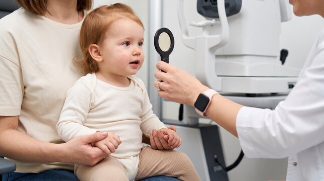 Ophthalmology: Clinician assesses a toddler's visual fixation while caregiver provides support