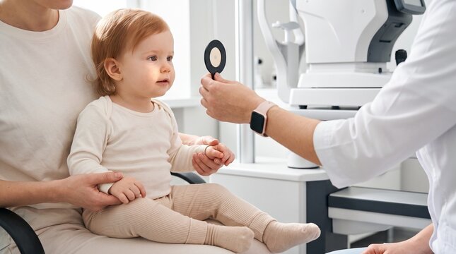 Ophthalmology: Clinician assesses a toddler's visual fixation while caregiver provides support
