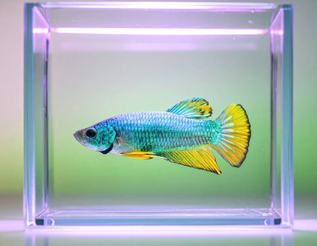 Colorful betta fish swimming in square glass aquarium.