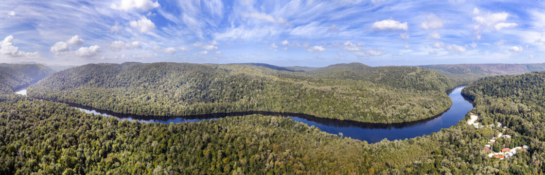 Aerial Tas Corinna Pieman close river pan