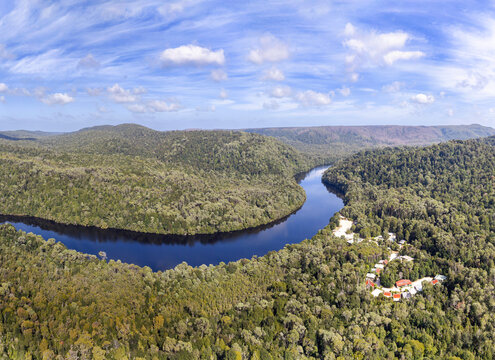 Aerial Tas Corinna Pieman corinna village pan