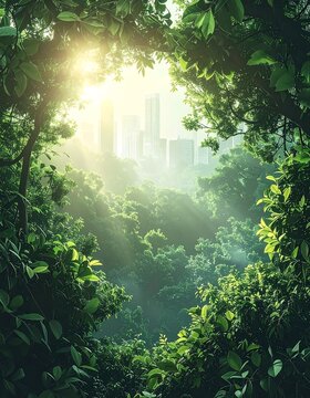 Sunlight Filtering Through Lush Green Forest Canopy Framing Modern City Skyline Representing Eco Regeneration And Circular Economy
