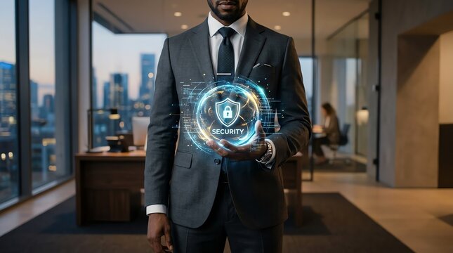 Businessman holding glowing cyber security shield hologram in office