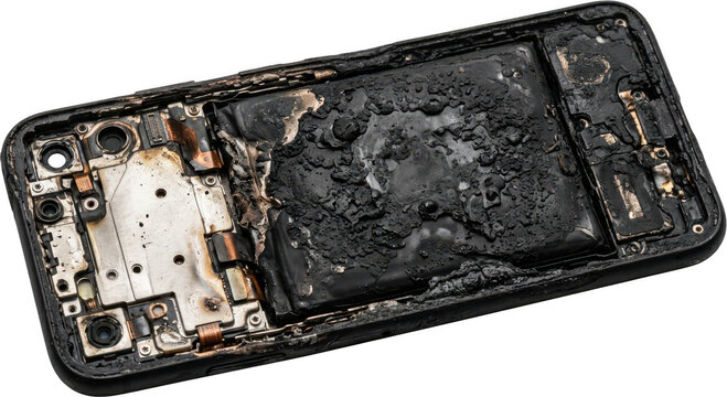 Destroyed smartphone internal components showing severe fire damage melted plastic case ruined battery broken circuit board and ruined microchips from explosive device failure