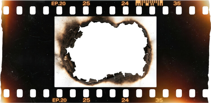 Vintage photographic film strip featuring burned edges scorched paper texture perforated sprocket holes numeric frame markers light leaks and analog photography aesthetic elements