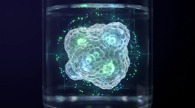 Bio-printed organoid in a lab vial. Artificial tissue growth for medical research.