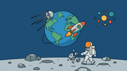 Flat Design Astronaut Walking on Moon Surface Near Earth, Sputnik Satellite and Rocket Flying in Space, Colorful Planets and Stars Background, Vector Illustration © Albilais