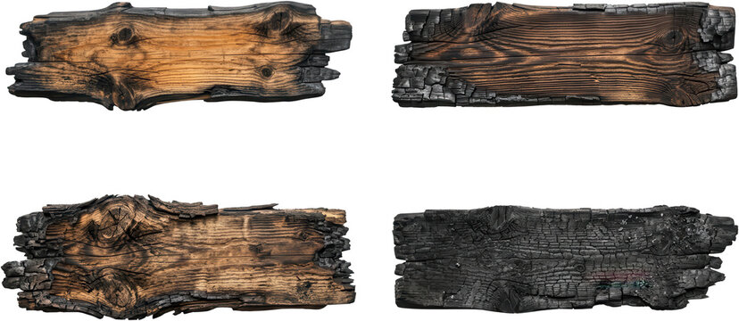 Four different charred wooden planks and rustic burnt timber boards showing rough texture dark edges ash and natural grain patterns arranged neatly across a clean surface space