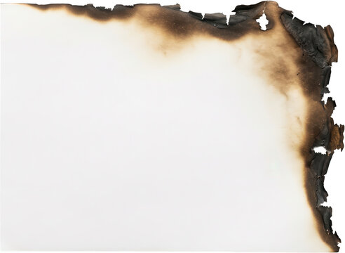Sheet of white paper with burnt and scorched edges showing charred black remnants and texture details from heat damage across the upper and right side margins burnt paper