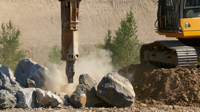 Hydraulic hammer breaking rocks at construction site. Heavy machinery crushing stone boulders.