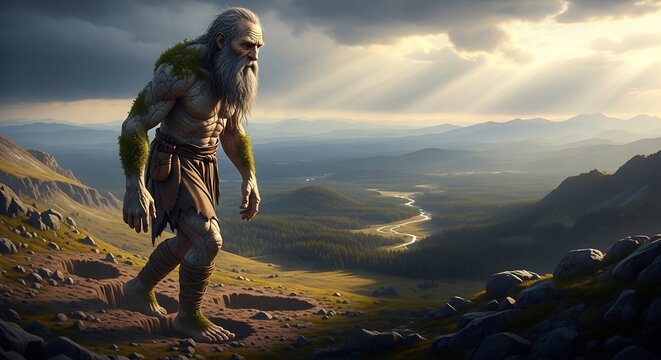 Giant on Mountain Ridge: A colossal, ancient giant with a weathered beard and mossy skin walks along a rugged mountain ridge, overlooking a vast valley with a winding river below.