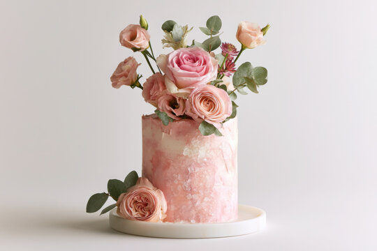 Elegant blush pink celebration cake decorated with roses, lisianthus, ranunculus and eucalyptus, featuring textured buttercream and refined floral styling on a clean white background.