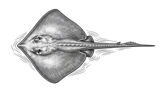 Vintage engraving style illustration of a stingray fish swimming in water