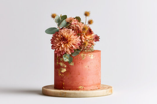 Elegant terracotta celebration cake adorned with dahlia, astrantia, eucalyptus and golden accents, creating a luxurious floral design on a clean white studio background.