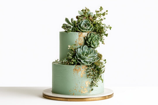 Modern sage green tiered celebration cake decorated with echeveria succulents, cascading greenery and gold leaf, beautifully styled on a clean white background.