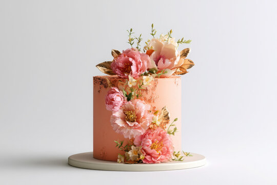 Refined blush celebration cake featuring peony, anemone, blossom and metallic foliage with textured buttercream and luxurious floral styling on a white background.